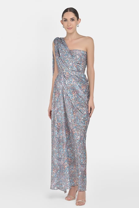 NA-KA_Grey Crepe Satin Geometric One Shoulder Printed Dress _Online_at_Aza_Fashions