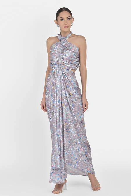 NA-KA Grey Crepe Satin Geometric Halter Printed Cutout Dress Online at Aza Fashions NA-KA_Grey Crepe Satin Geometric Halter Printed Cutout Dress _Online_at_Aza_Fashions