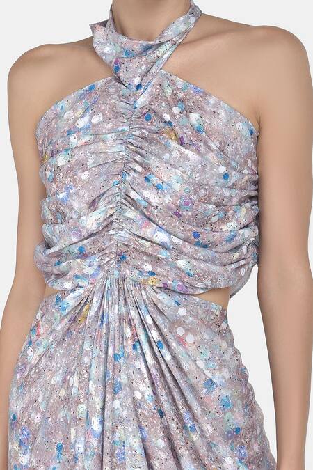 Buy NA-KA Grey Crepe Satin Geometric Halter Printed Cutout Dress Online at Aza Fashions Buy_NA-KA_Grey Crepe Satin Geometric Halter Printed Cutout Dress _Online_at_Aza_Fashions