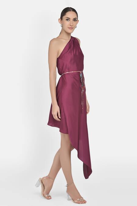 NA-KA_Maroon Satin One Shoulder Dress_Online_at_Aza_Fashions