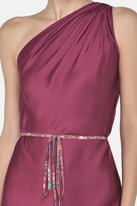 Buy_NA-KA_Maroon Satin One Shoulder Dress_Online_at_Aza_Fashions