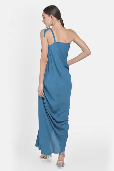Shop NA-KA Blue Moss Crepe One Shoulder Dress at Aza Fashions Shop_NA-KA_Blue Moss Crepe One Shoulder Dress_at_Aza_Fashions