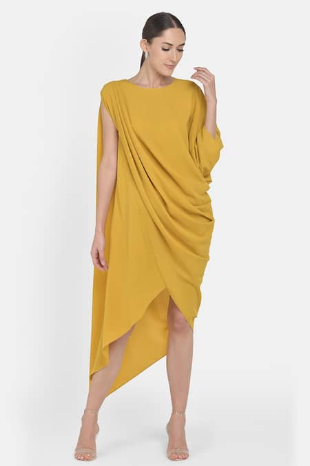 NA-KA Yellow Formal Crepe Round Draped Dress 