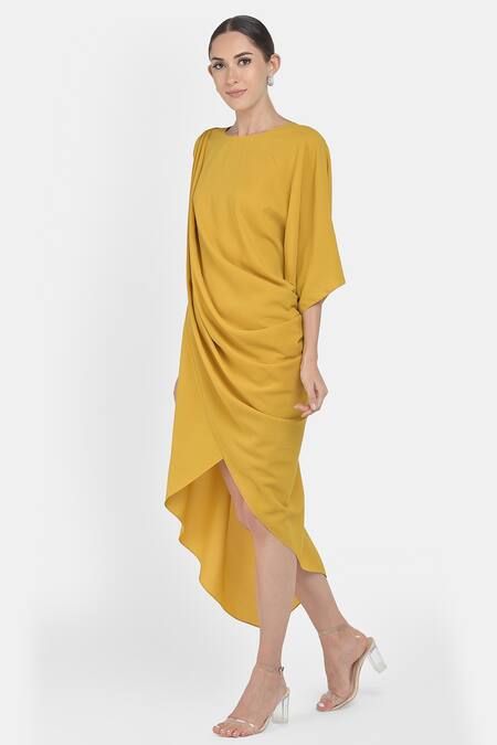 NA-KA Yellow Formal Crepe Round Draped Dress Online at Aza Fashions NA-KA_Yellow Formal Crepe Round Draped Dress _Online_at_Aza_Fashions