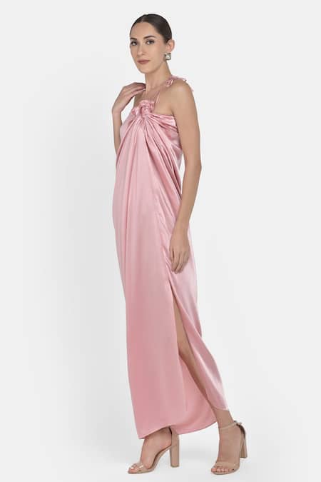NA-KA_Pink Moss Satin One Shoulder Dress_Online_at_Aza_Fashions