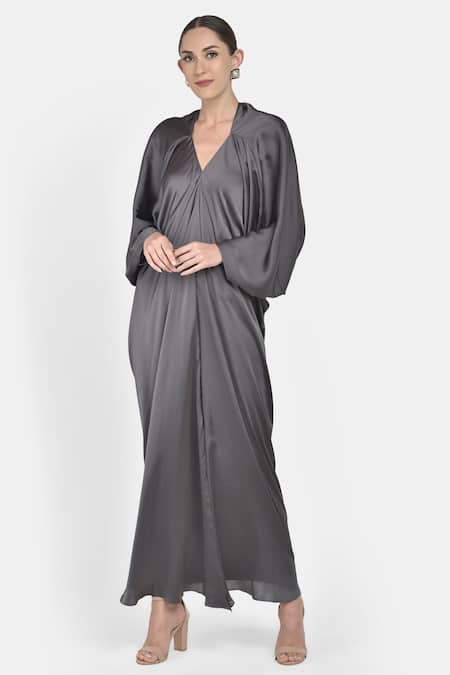 NA-KA Grey Satin V Neck Flared Dress 
