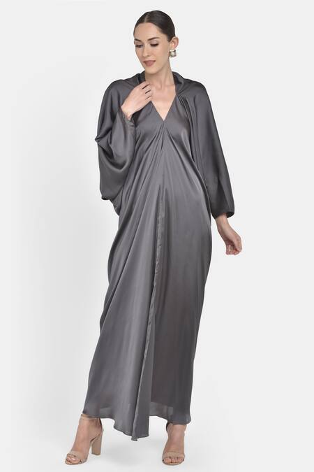 NA-KA_Grey Satin V Neck Flared Dress_Online_at_Aza_Fashions