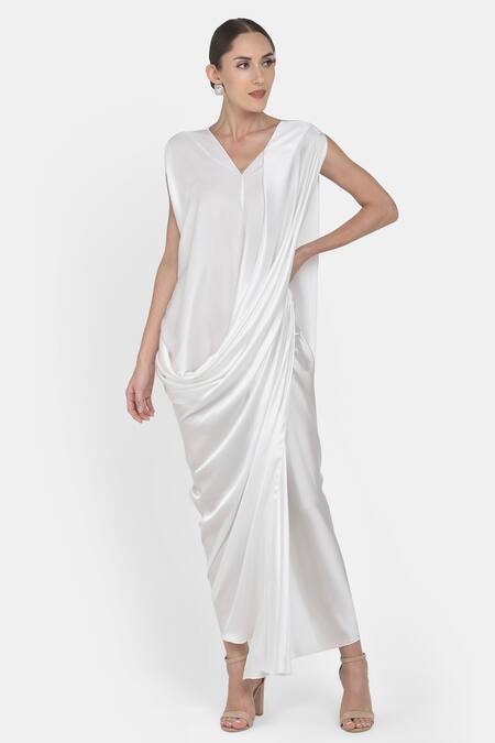 NA-KA White Satin V Neck Draped Dress Online at Aza Fashions NA-KA_White Satin V Neck Draped Dress _Online_at_Aza_Fashions