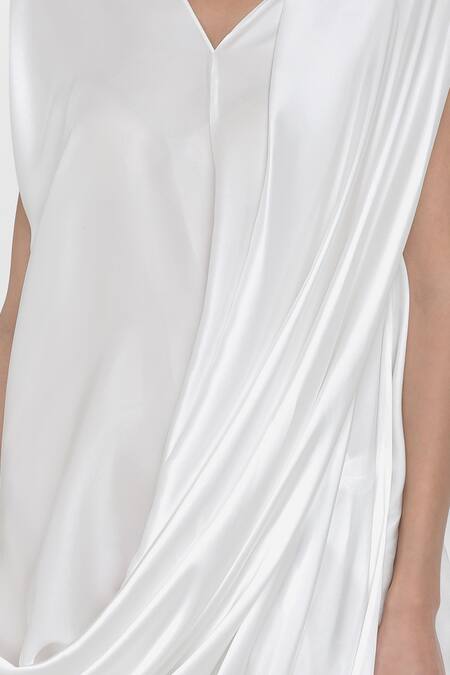 Buy NA-KA White Satin V Neck Draped Dress Online at Aza Fashions Buy_NA-KA_White Satin V Neck Draped Dress _Online_at_Aza_Fashions