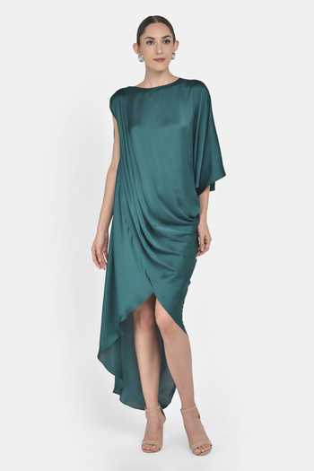 NA-KA_Grey Satin Boat Draped Dress_Online_at_Aza_Fashions