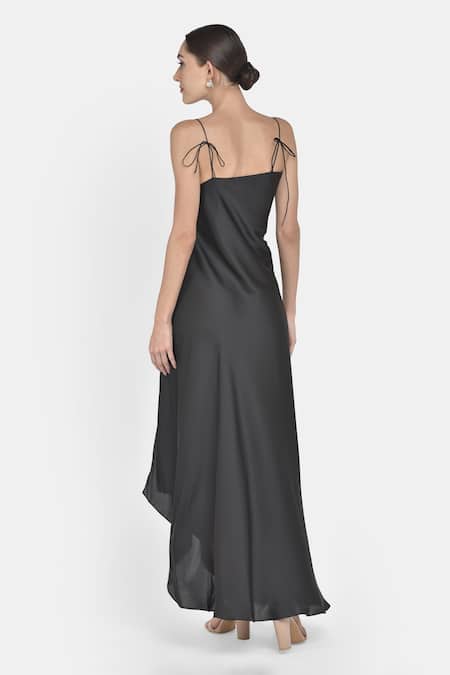 Shop_NA-KA_Black Satin Cowl Flared Dress _at_Aza_Fashions