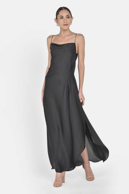 NA-KA_Black Satin Cowl Flared Dress _Online_at_Aza_Fashions