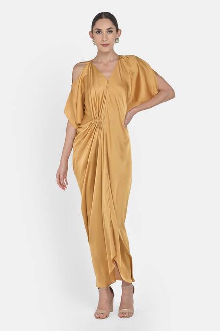 Buy Yellow Satin Plain V Neck Draped Dress For Women by Na-Ka ...