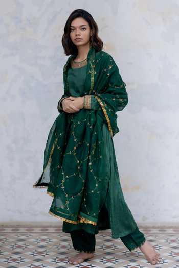 Shop_Nirjara_Green Organza Silk Aari Embroidery, Pita, Sitara Padmini Jaal Dupatta_Online_at_Aza_Fashions