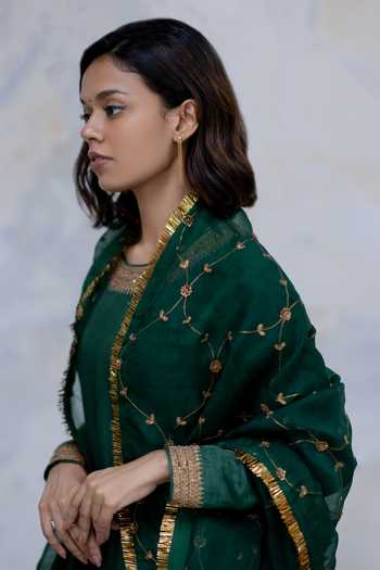 Nirjara_Green Organza Silk Aari Embroidery, Pita, Sitara Padmini Jaal Dupatta_at_Aza_Fashions