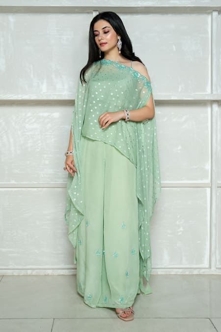 Ewaz_Green Crepe, Chiffon, Cotton Silk Sequin, Bead, Embroidered Kaftan Sharara Set _Online_at_Aza_Fashions