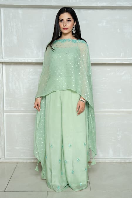 Ewaz_Green Crepe, Chiffon, Cotton Silk Sequin, Bead, Embroidered Kaftan Sharara Set _at_Aza_Fashions