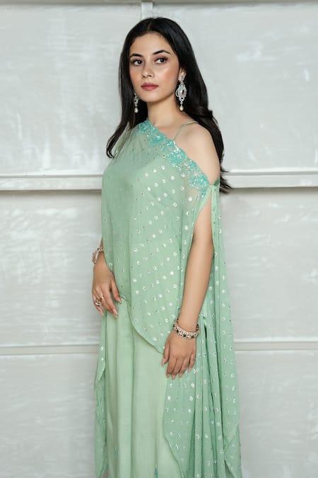 Shop_Ewaz_Green Crepe, Chiffon, Cotton Silk Sequin, Bead, Embroidered Kaftan Sharara Set _Online_at_Aza_Fashions