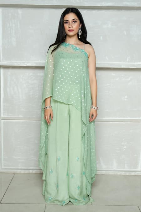 Buy_Ewaz_Green Crepe, Chiffon, Cotton Silk Sequin, Bead, Embroidered Kaftan Sharara Set _Online_at_Aza_Fashions