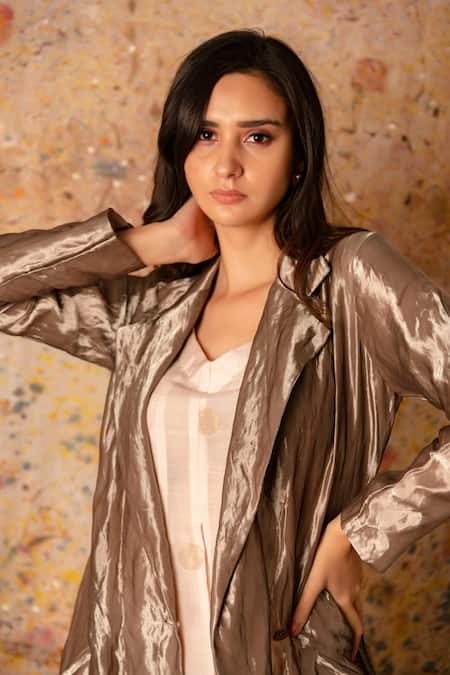 Shop_Vaani Beswal_Grey Dress Jamdani, Trench Zari Naaz With _Online_at_Aza_Fashions