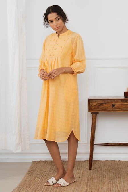 Dhaari_Orange Cotton Silk Kantha Mandarin Collar Floral Embroidered Yoke Dress _Online_at_Aza_Fashions