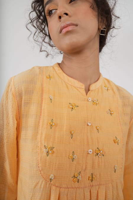 Buy_Dhaari_Orange Cotton Silk Kantha Mandarin Collar Floral Embroidered Yoke Dress _Online_at_Aza_Fashions