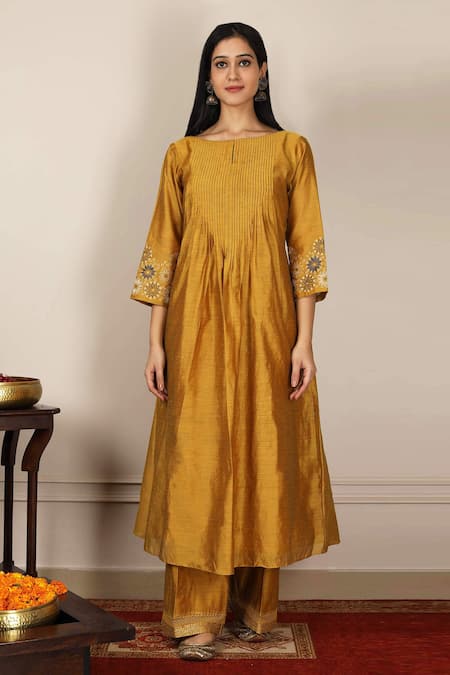 Pouli Pret_Yellow Kota, Mercerised Cotton Chanderi Boat Anarkali Set _Online_at_Aza_Fashions