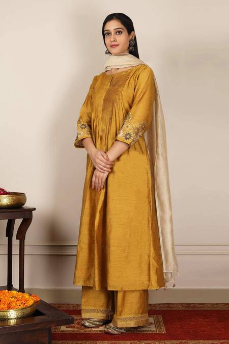 Buy_Pouli Pret_Yellow Kota, Mercerised Cotton Chanderi Boat Anarkali Set _Online_at_Aza_Fashions