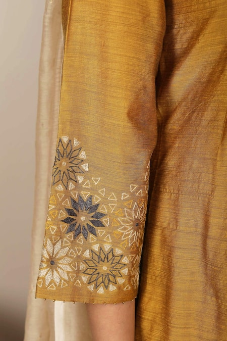 Shop_Pouli Pret_Yellow Kota, Mercerised Cotton Chanderi Boat Anarkali Set _Online_at_Aza_Fashions