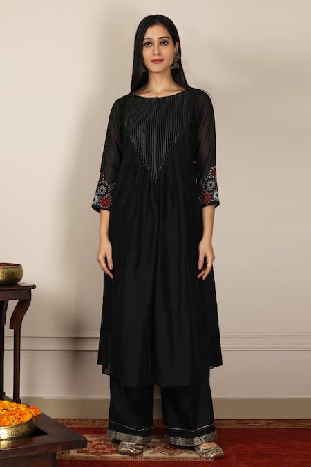 Pouli Pret_Black Kota, Mercerised Cotton Chanderi Boat Anarkali Set _Online_at_Aza_Fashions