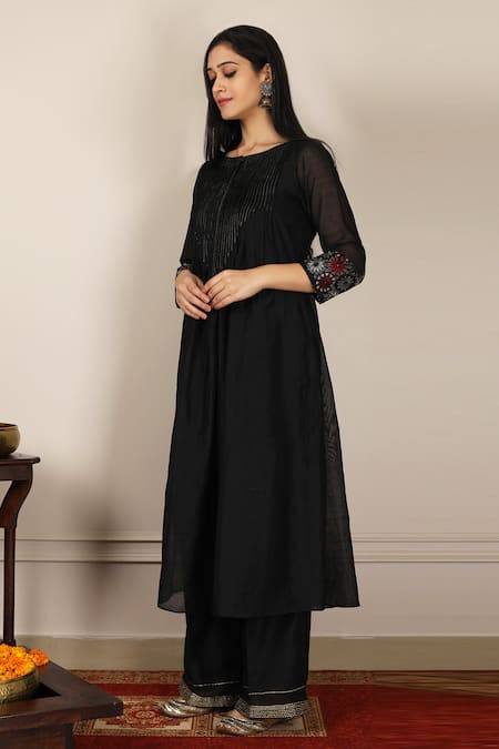 Buy_Pouli Pret_Black Kota, Mercerised Cotton Chanderi Boat Anarkali Set _Online_at_Aza_Fashions