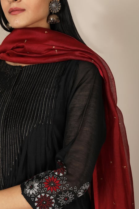 Shop_Pouli Pret_Black Kota, Mercerised Cotton Chanderi Boat Anarkali Set _Online_at_Aza_Fashions