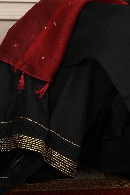 Pouli Pret_Black Kota, Mercerised Cotton Chanderi Boat Anarkali Set _at_Aza_Fashions