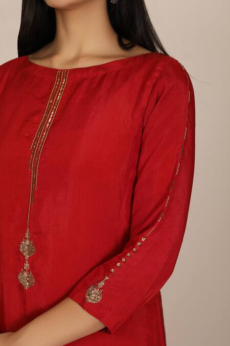 Buy_Pouli Pret_Red Viscose Silk Habutai Boat Embroidered Kurta Set _Online_at_Aza_Fashions