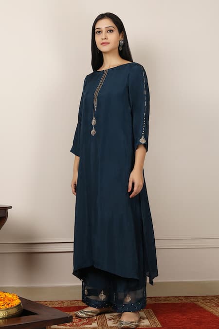 Pouli Pret_Blue Viscose Silk Habutai Boat Embroidered Kurta Set _Online_at_Aza_Fashions