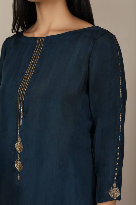 Shop_Pouli Pret_Blue Viscose Silk Habutai Boat Embroidered Kurta Set _Online_at_Aza_Fashions