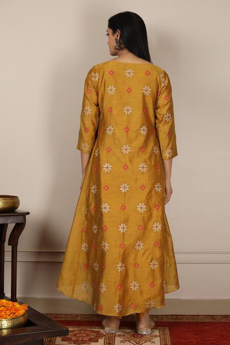 Shop_Pouli Pret_Yellow Mercerised Cotton Chanderi, Silk Embroidered Kurta And Dhoti Pant Set _at_Aza_Fashions