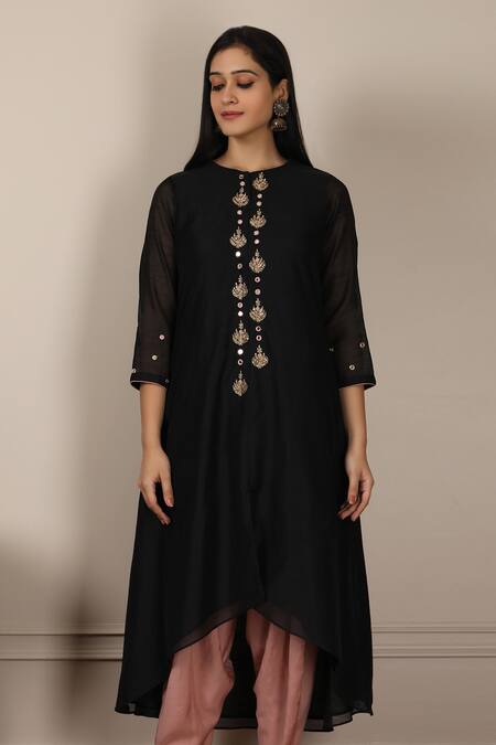 Pouli Pret_Black Mercerised Cotton Chanderi, Silk Muslin Embroidered Kurta And Dhoti Pant Set _Online_at_Aza_Fashions