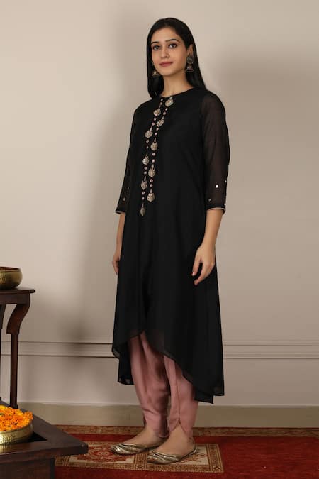 Buy_Pouli Pret_Black Mercerised Cotton Chanderi, Silk Muslin Embroidered Kurta And Dhoti Pant Set _Online_at_Aza_Fashions