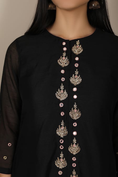 Shop_Pouli Pret_Black Mercerised Cotton Chanderi, Silk Muslin Embroidered Kurta And Dhoti Pant Set _Online_at_Aza_Fashions