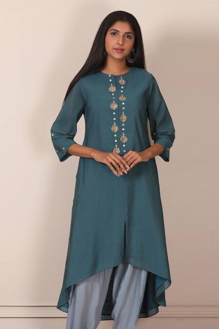 Pouli Pret Blue Mercerised Cotton Chanderi, Silk Muslin Embroidered Kurta And Dhoti Pant Set Online at Aza Fashions Pouli Pret_Blue Mercerised Cotton Chanderi, Silk Muslin Embroidered Kurta And Dhoti Pant Set _Online_at_Aza_Fashions
