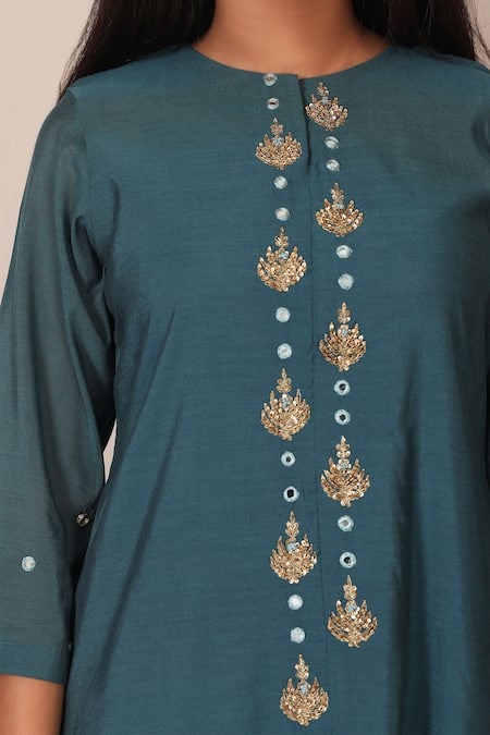 Buy_Pouli Pret_Blue Mercerised Cotton Chanderi, Silk Muslin Embroidered Kurta And Dhoti Pant Set _Online_at_Aza_Fashions
