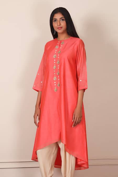Pouli Pret_Peach Mercerised Cotton Chanderi, Silk Muslin Embroidered Kurta And Dhoti Pant Set _Online_at_Aza_Fashions