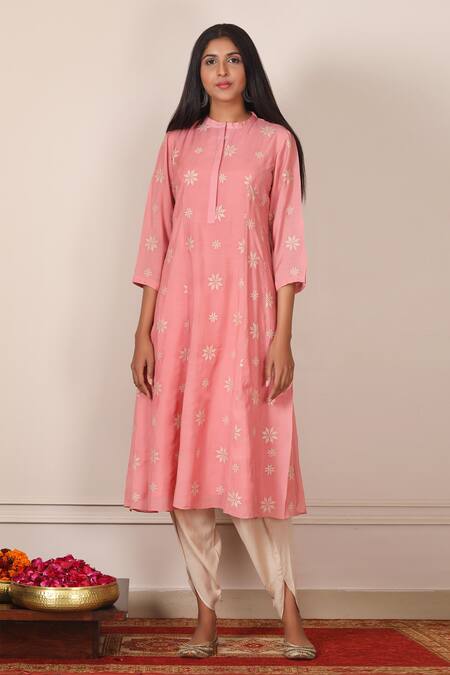 Pouli Pret_Pink Silk Chanderi Mandarin Collar Embroidered Kurta_Online_at_Aza_Fashions