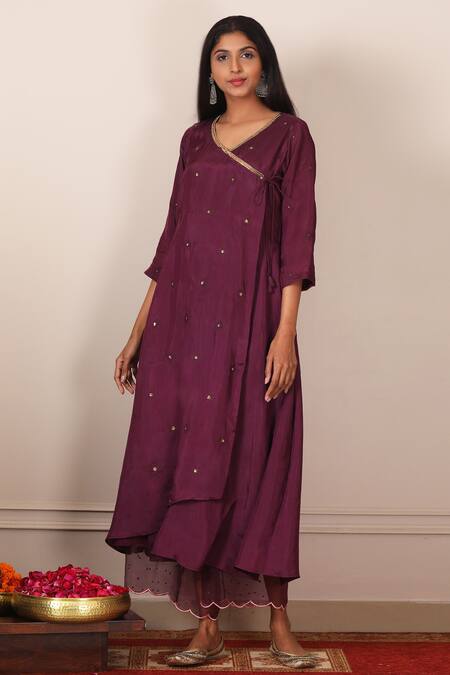 Pouli Pret_Purple Viscose Silk Habutai V Neck Embroidered Angrakha Set_Online_at_Aza_Fashions