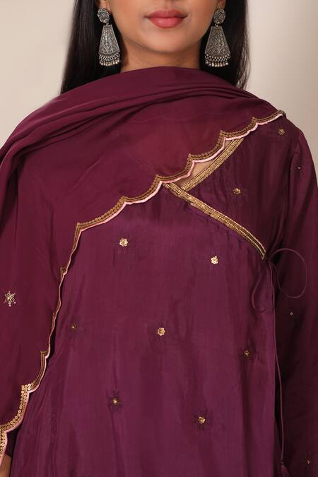 Buy_Pouli Pret_Purple Viscose Silk Habutai V Neck Embroidered Angrakha Set_Online_at_Aza_Fashions