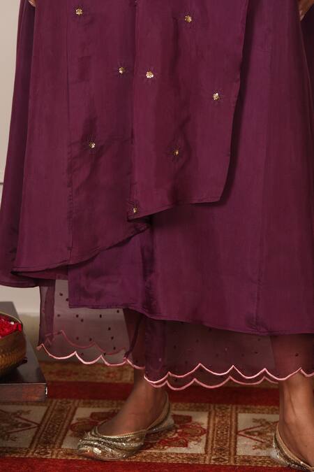 Shop_Pouli Pret_Purple Viscose Silk Habutai V Neck Embroidered Angrakha Set_Online_at_Aza_Fashions