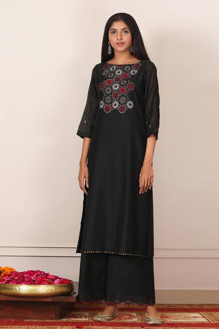 Pouli Pret_Black Kota, Mercerised Cotton Chanderi Straight Embroidered Kurta Set _Online_at_Aza_Fashions