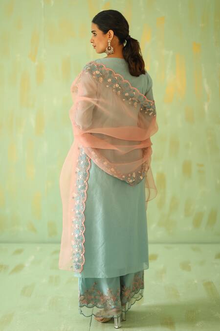 Shop_Pouli Pret_Blue Chanderi, Silk Organza, Lining Cotton Thread Floral Embroidered Kurta Set _at_Aza_Fashions