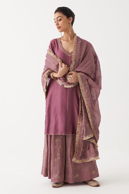 Rhua_Purple Dupatta Tissue , Kurta Naika Embroidered Sharara Set _Online_at_Aza_Fashions
